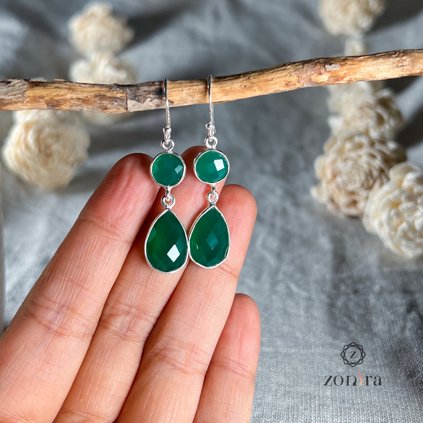 Aliya Silver Danglers - Green Onyx