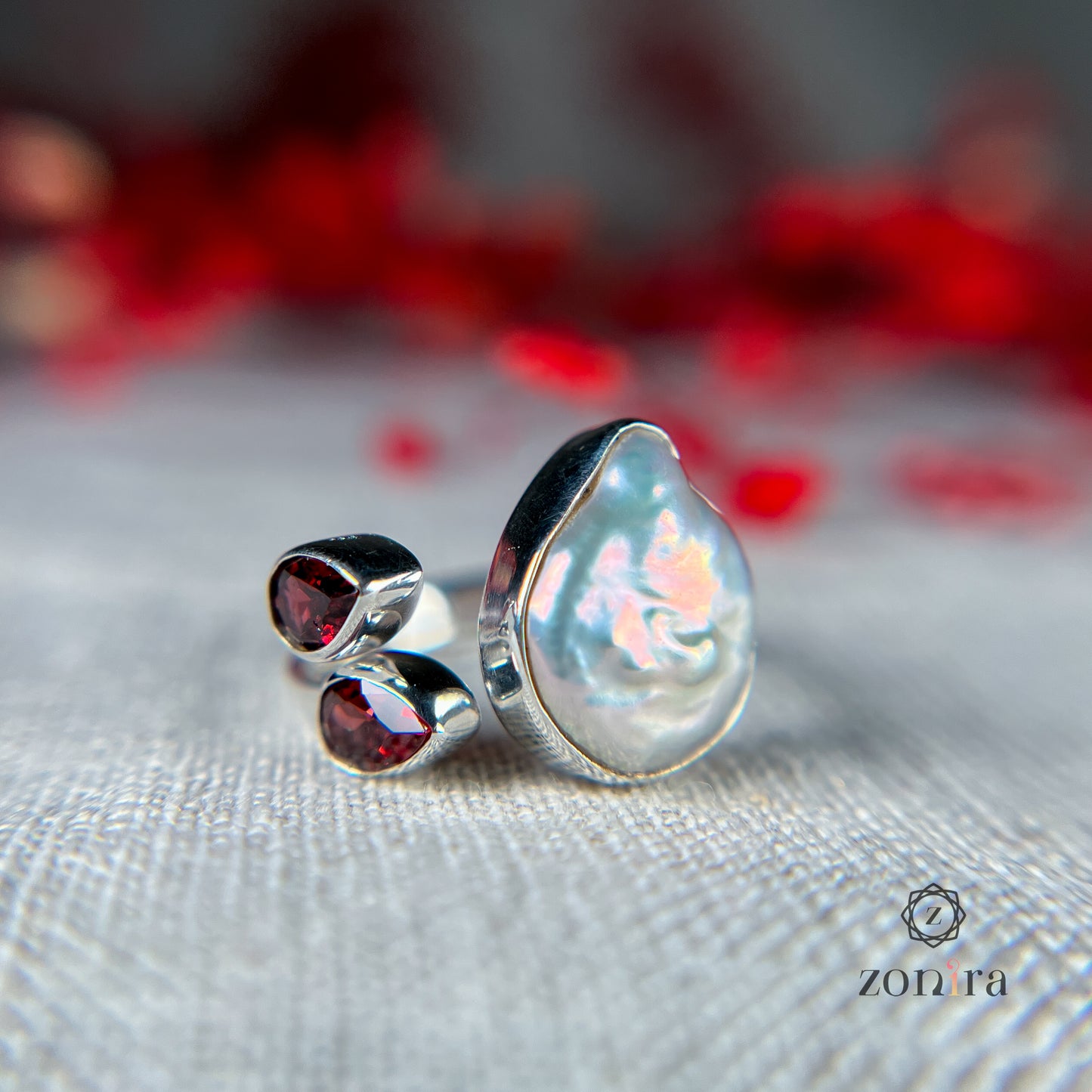 Shivi Silver Ring - Baroque Pearl & Garnet