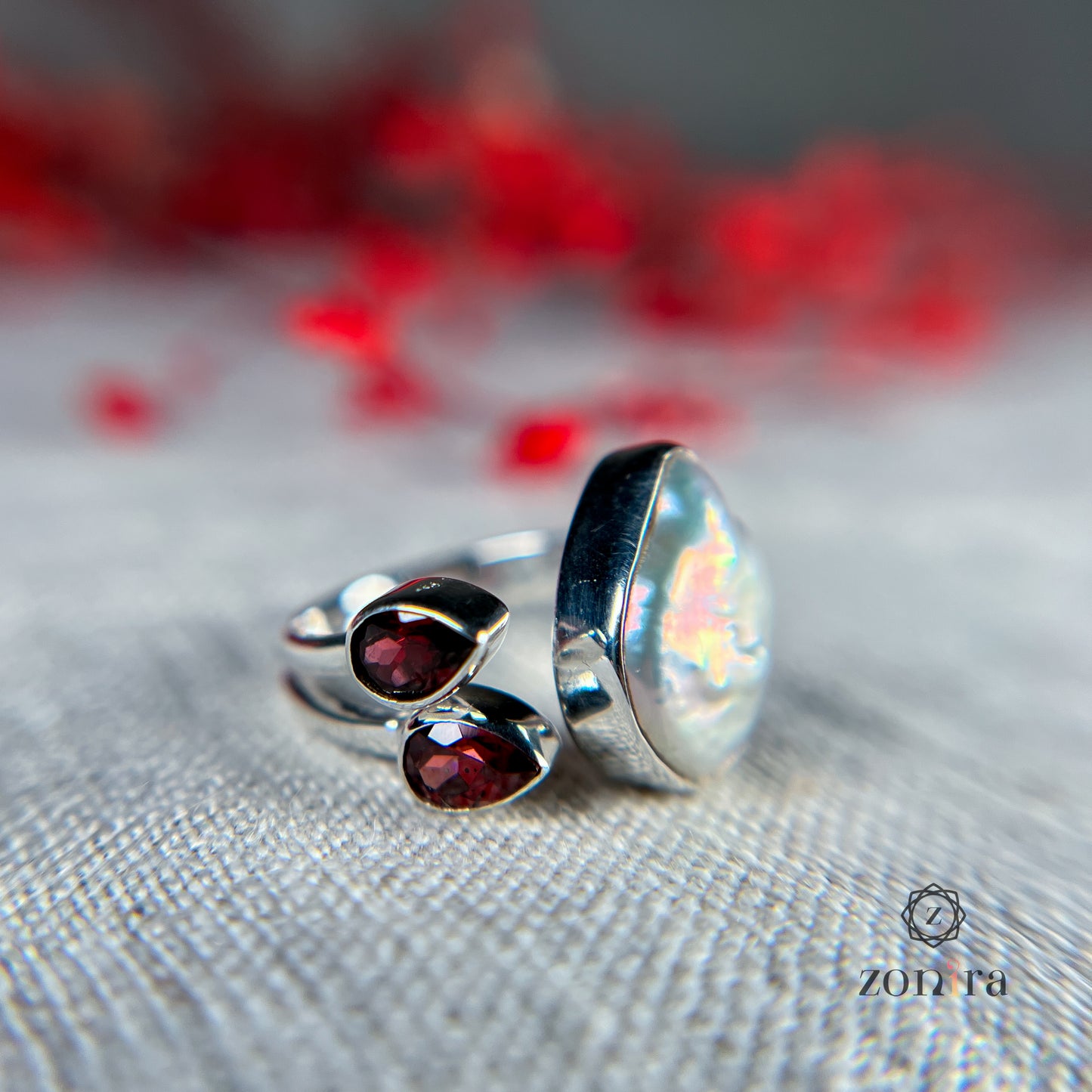 Shivi Silver Ring - Baroque Pearl & Garnet