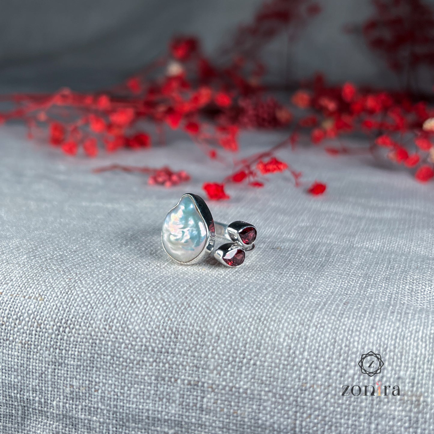 Shivi Silver Ring - Baroque Pearl & Garnet