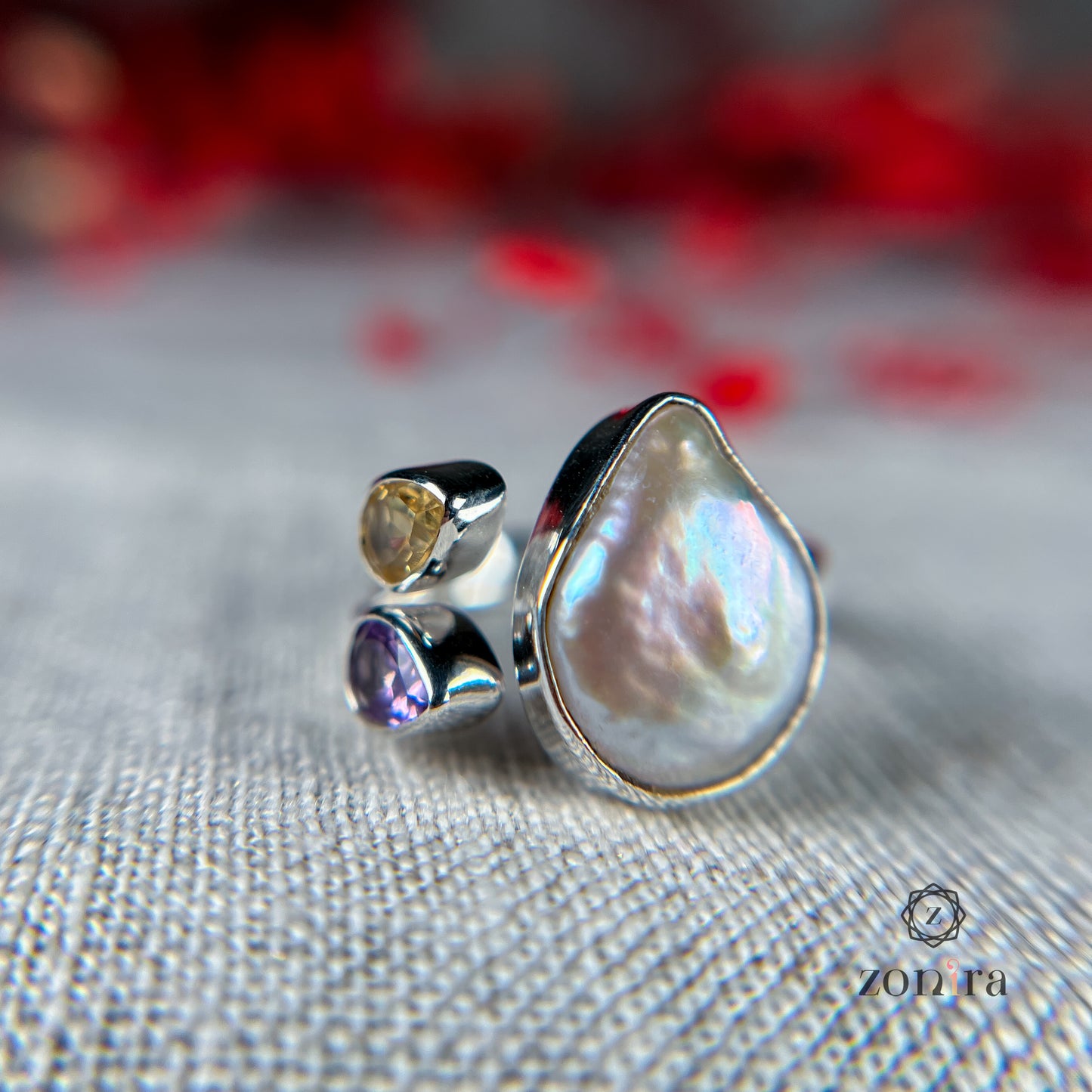 Shivi Silver Ring - Baroque Pearl, Amethyst & Citrine