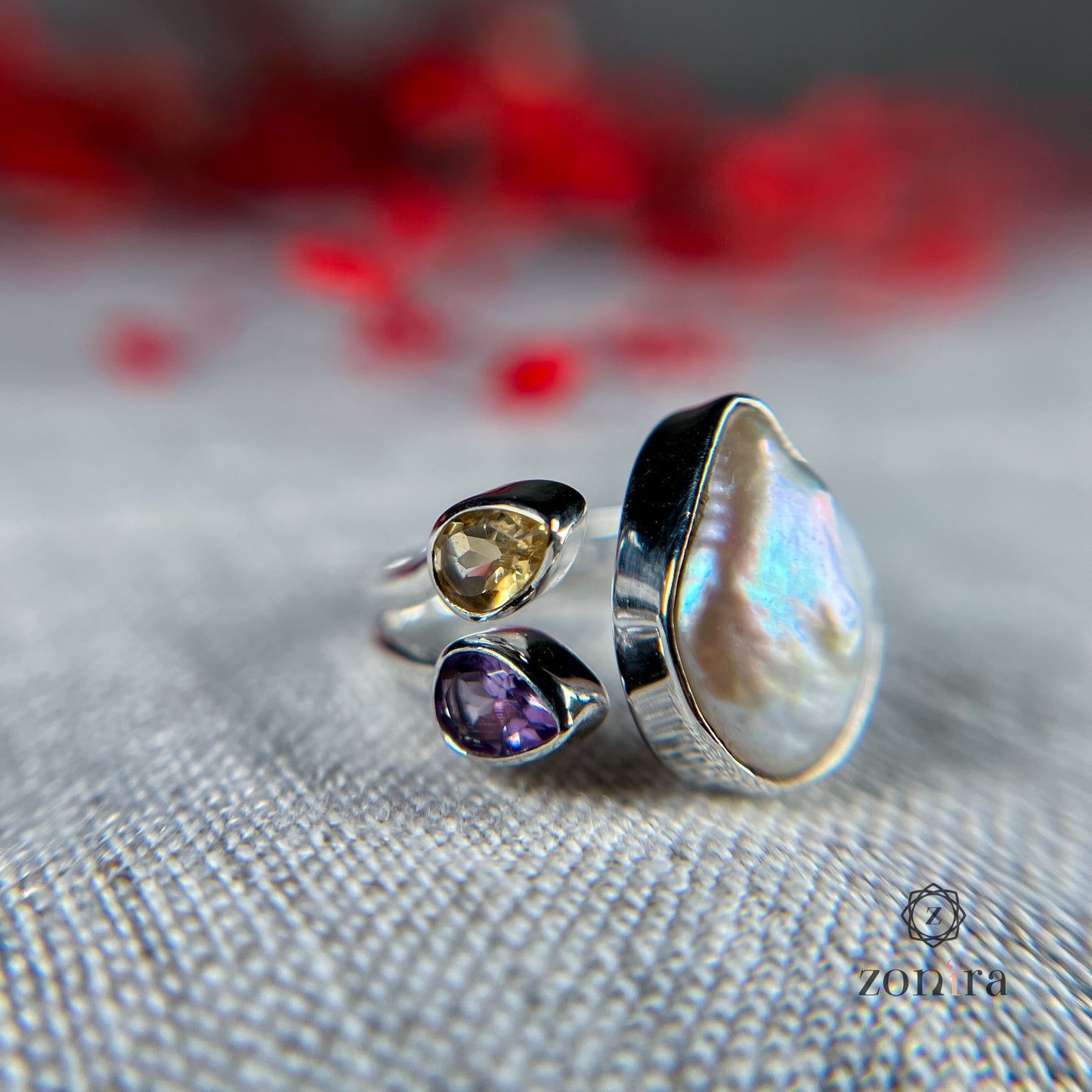 Shivi Silver Ring - Baroque Pearl, Amethyst & Citrine