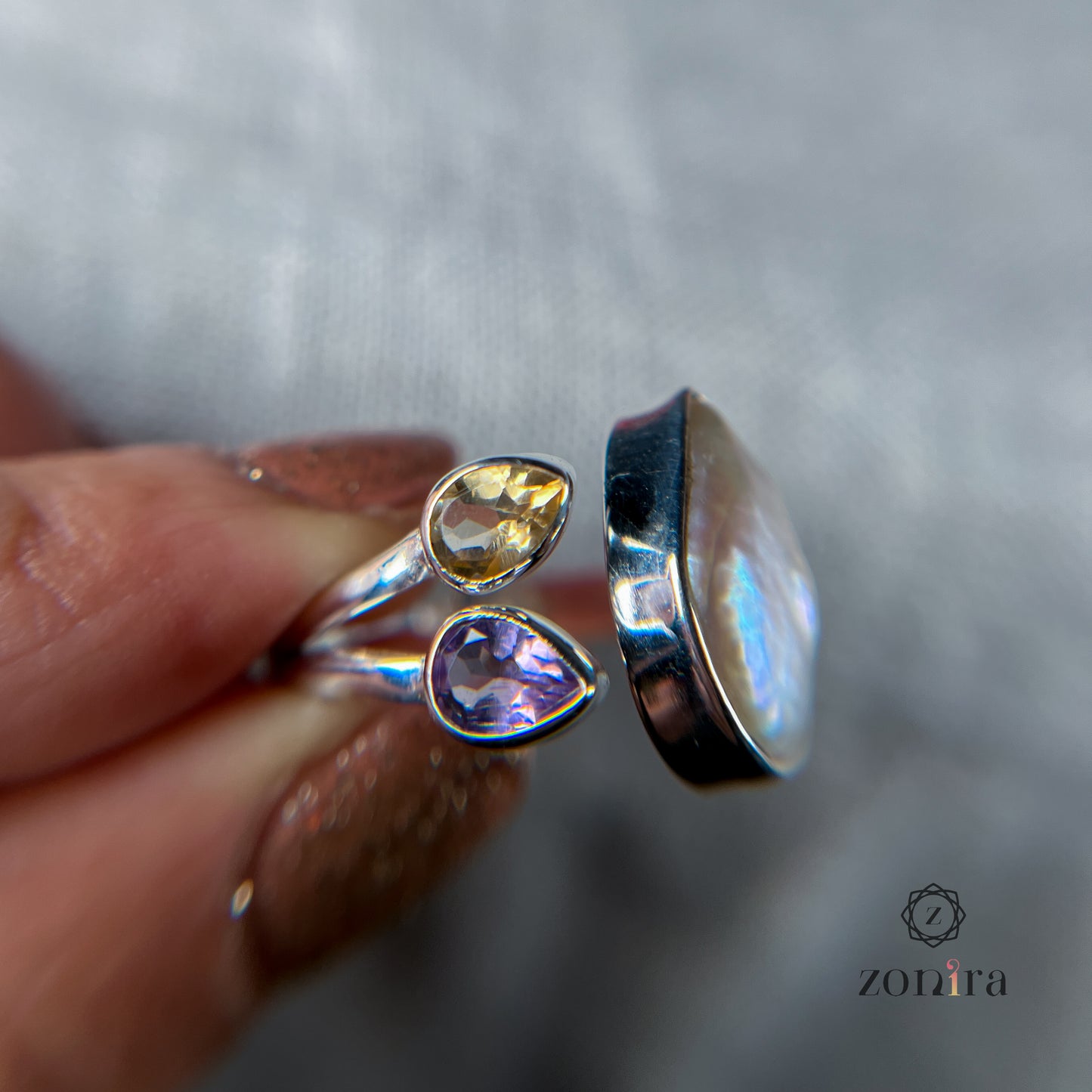 Shivi Silver Ring - Baroque Pearl, Amethyst & Citrine