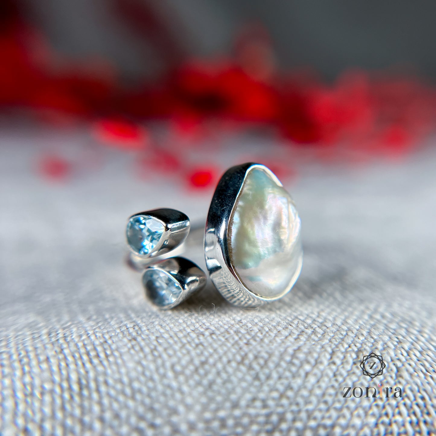 Shivi Silver Ring - Baroque Pearl & Blue Topaz