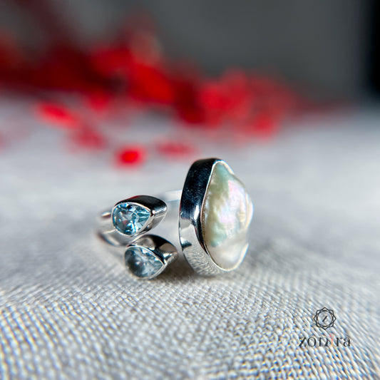 Shivi Silver Ring - Baroque Pearl & Blue Topaz