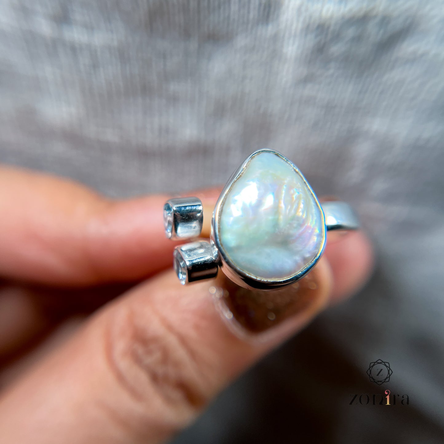 Shivi Silver Ring - Baroque Pearl & Blue Topaz