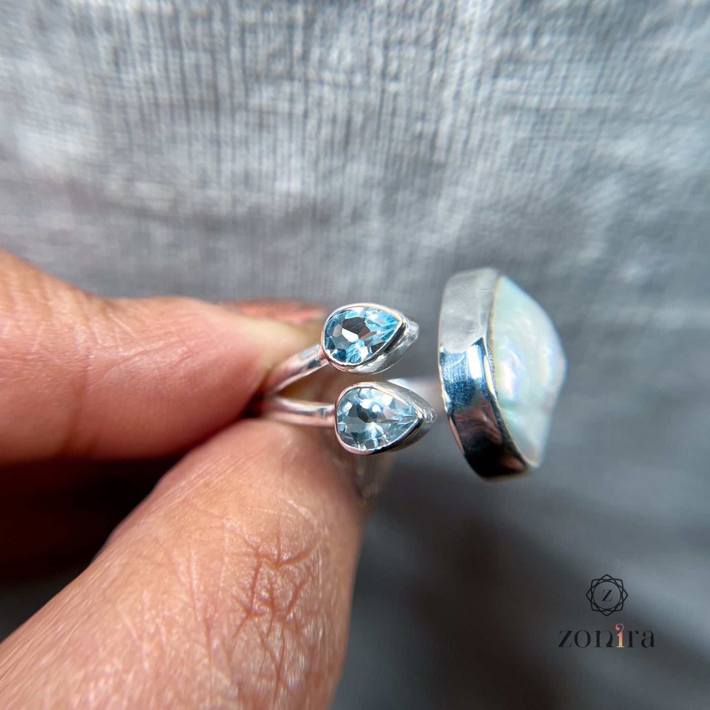 Shivi Silver Ring - Baroque Pearl & Blue Topaz