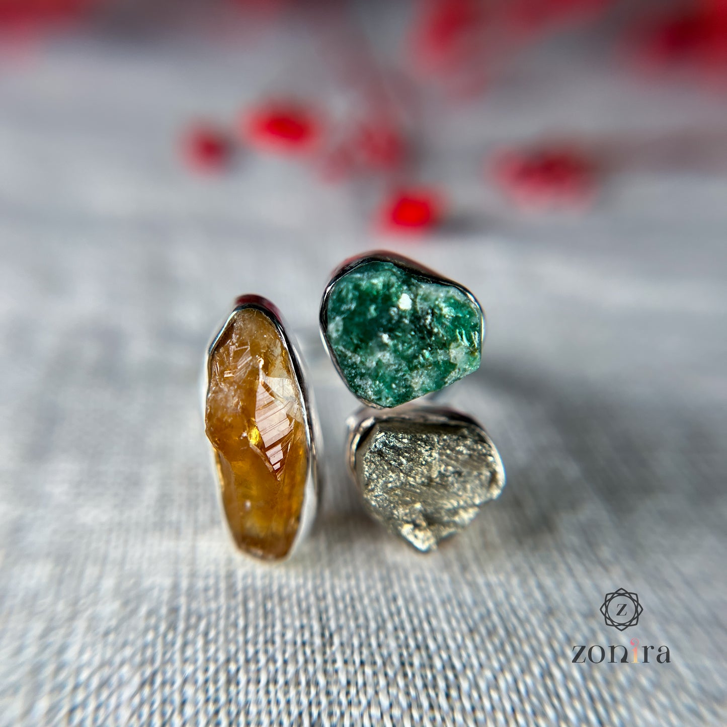 Aadya Silver Ring - Raw Citrine, Green Aventurine, Pyrite