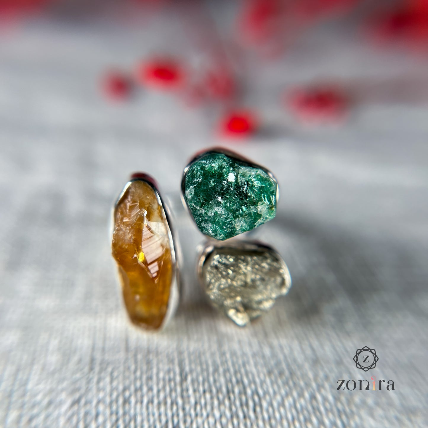 Aadya Silver Ring - Raw Citrine, Green Aventurine, Pyrite