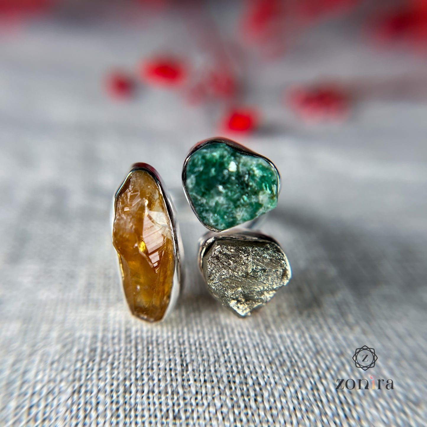 Aadya Silver Ring - Raw Citrine, Green Aventurine, Pyrite