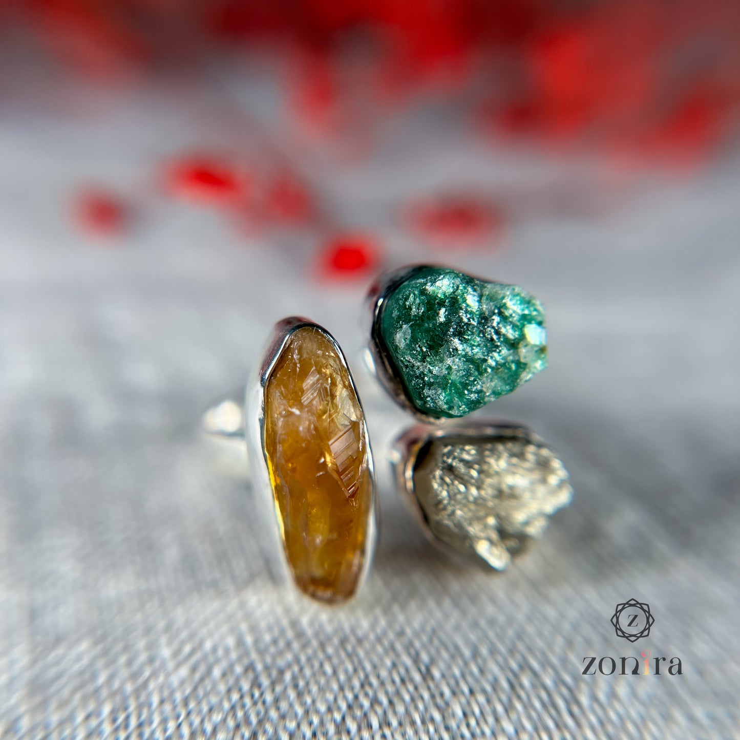 Aadya Silver Ring - Raw Citrine, Green Aventurine, Pyrite