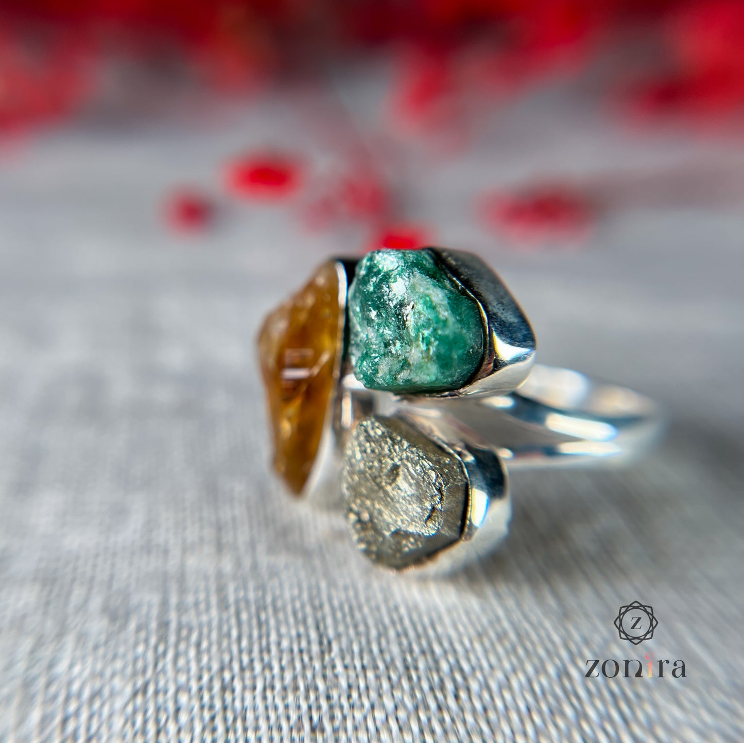 Aadya Silver Ring - Raw Citrine, Green Aventurine, Pyrite