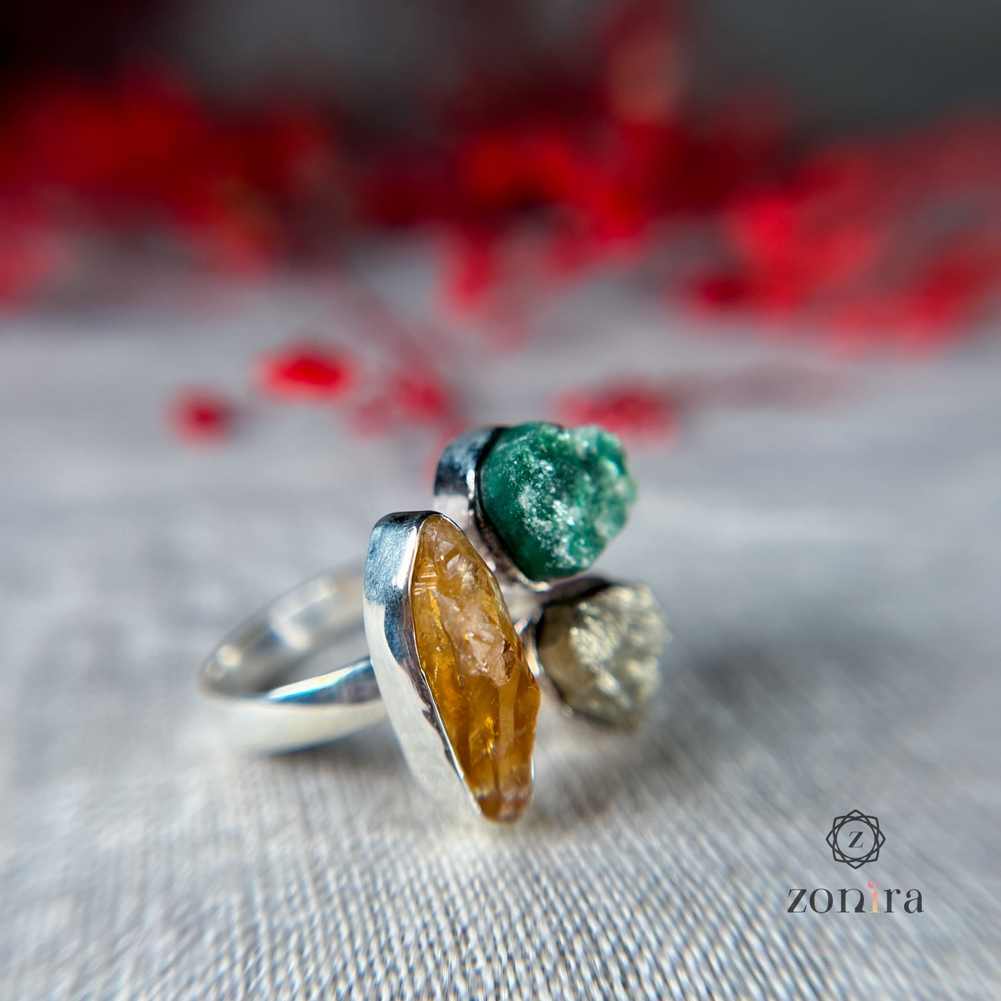 Aadya Silver Ring - Raw Citrine, Green Aventurine, Pyrite