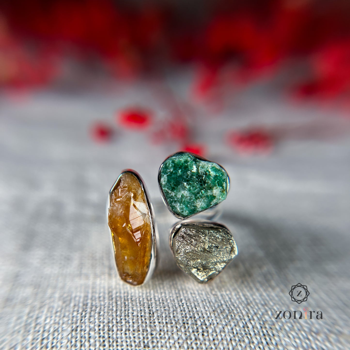 Aadya Silver Ring - Raw Citrine, Green Aventurine, Pyrite