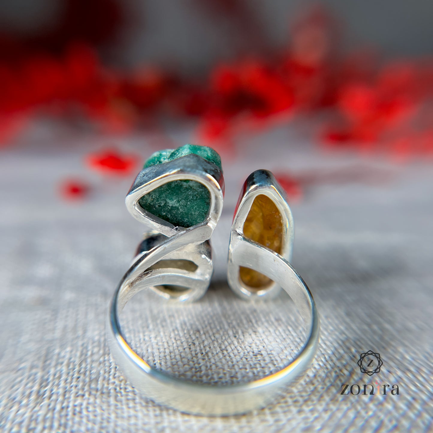 Aadya Silver Ring - Raw Citrine, Green Aventurine, Pyrite