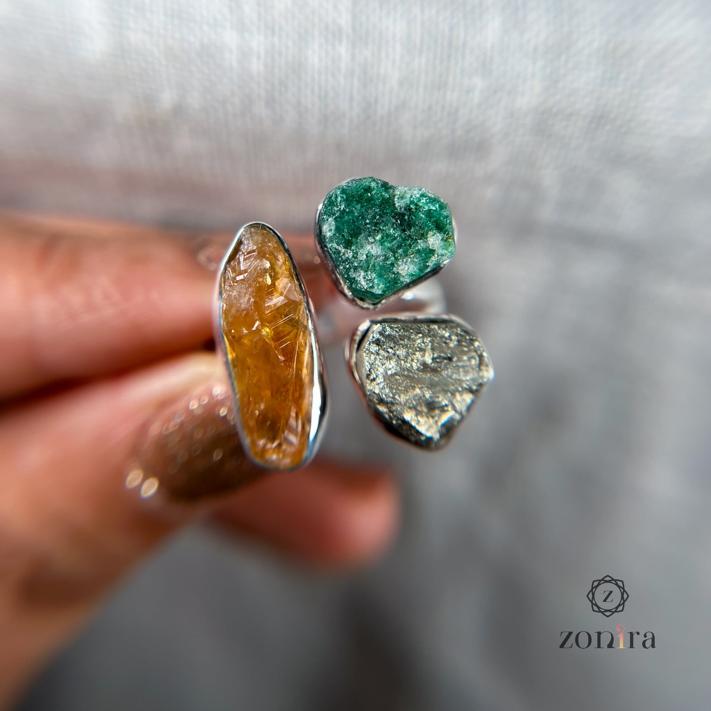 Aadya Silver Ring - Raw Citrine, Green Aventurine, Pyrite