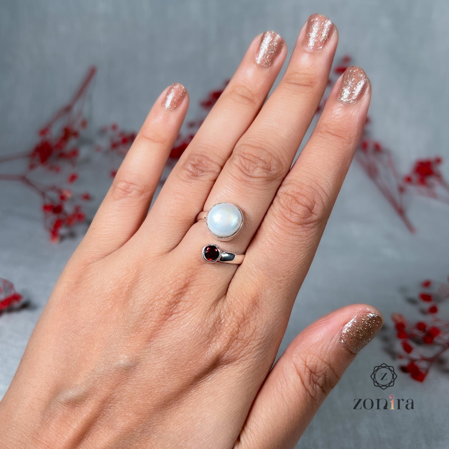 Aami Silver Ring - Baroque Pearl & Garnet