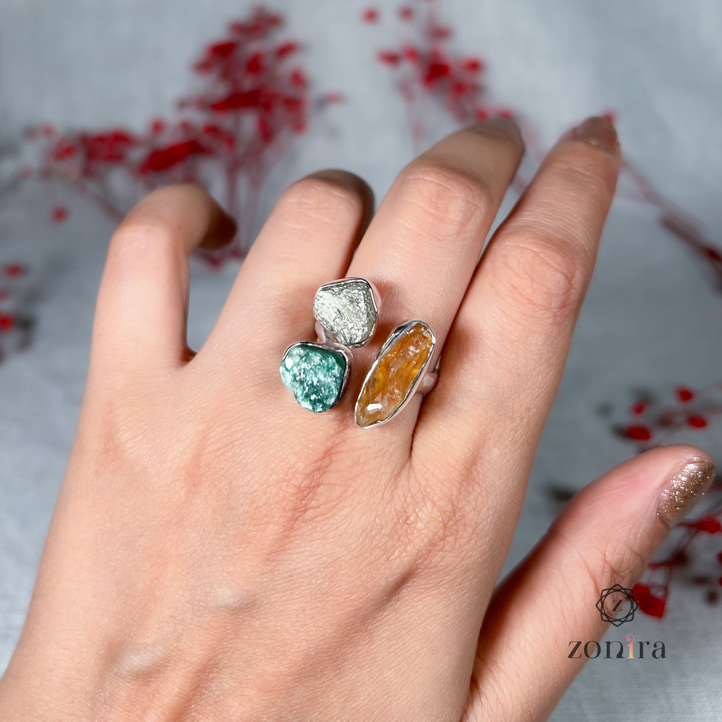 Aadya Silver Ring - Raw Citrine, Green Aventurine, Pyrite