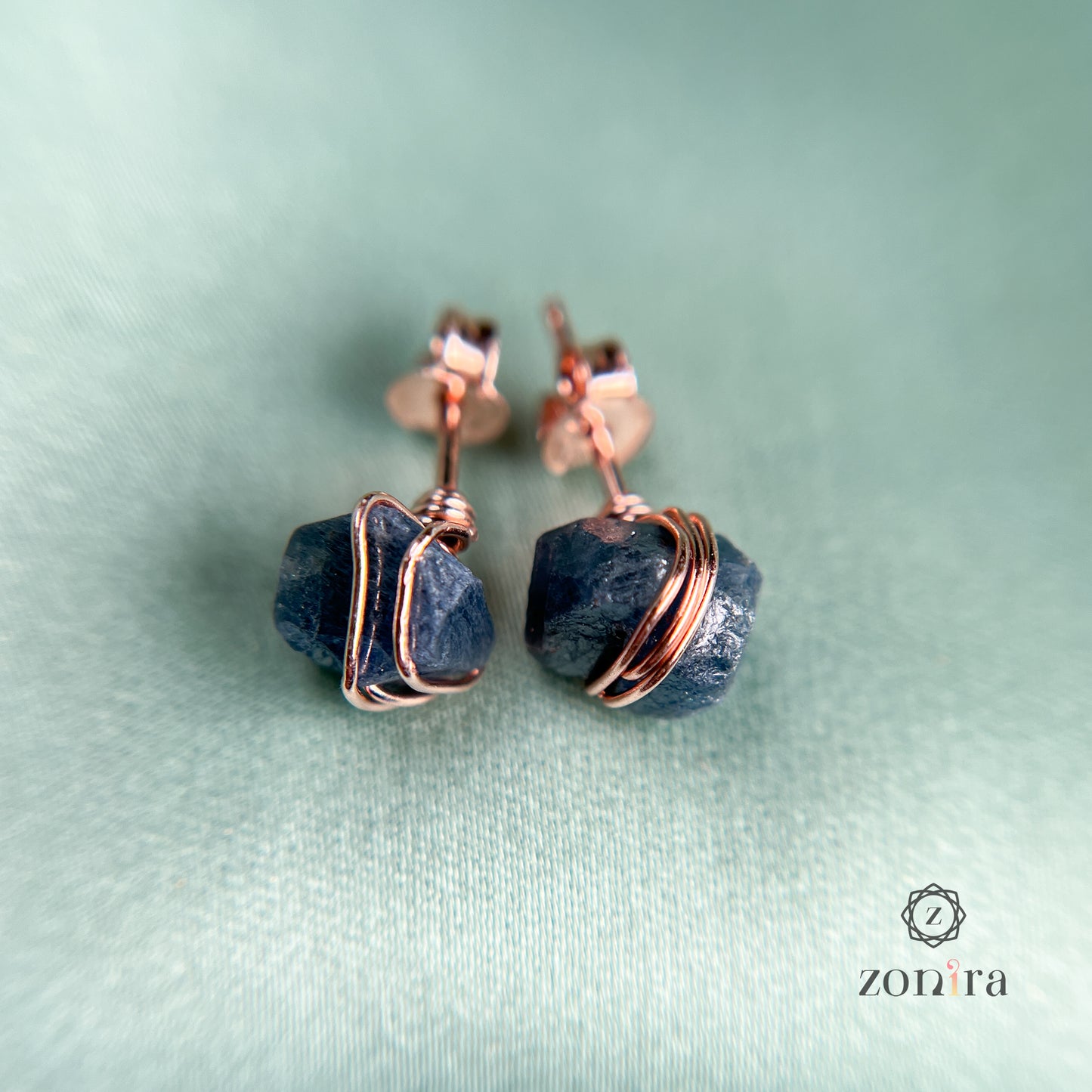 Ashma Silver Studs - Raw Sapphire Rose Gold