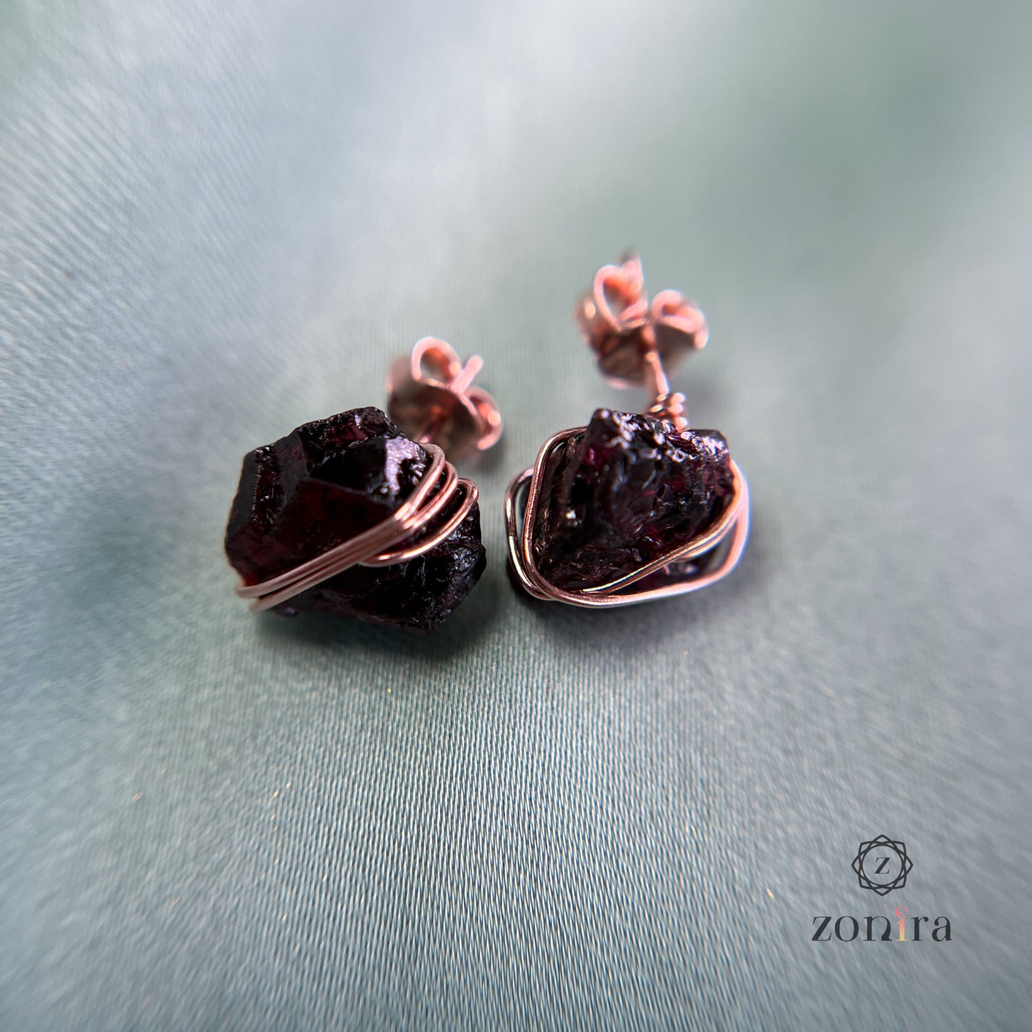 Ashma Silver Studs - Raw Garnet Rose Gold