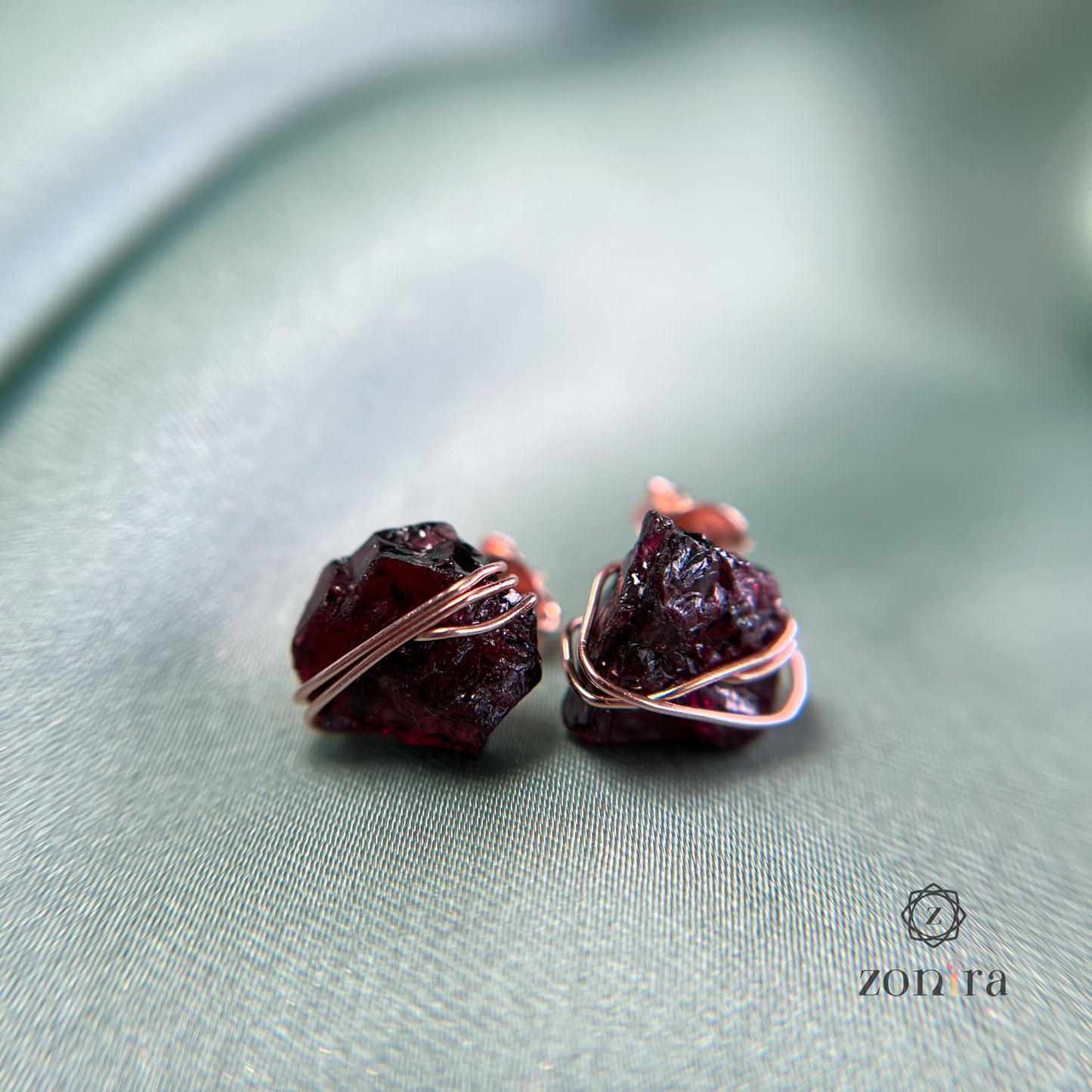 Ashma Silver Studs - Raw Garnet Rose Gold