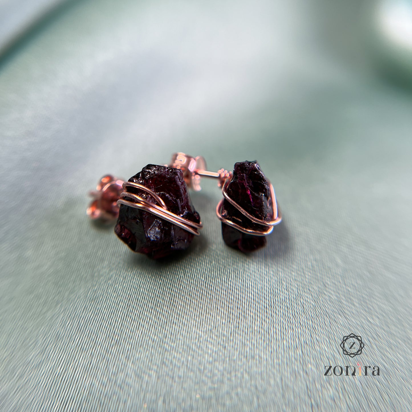 Ashma Silver Studs - Raw Garnet Rose Gold