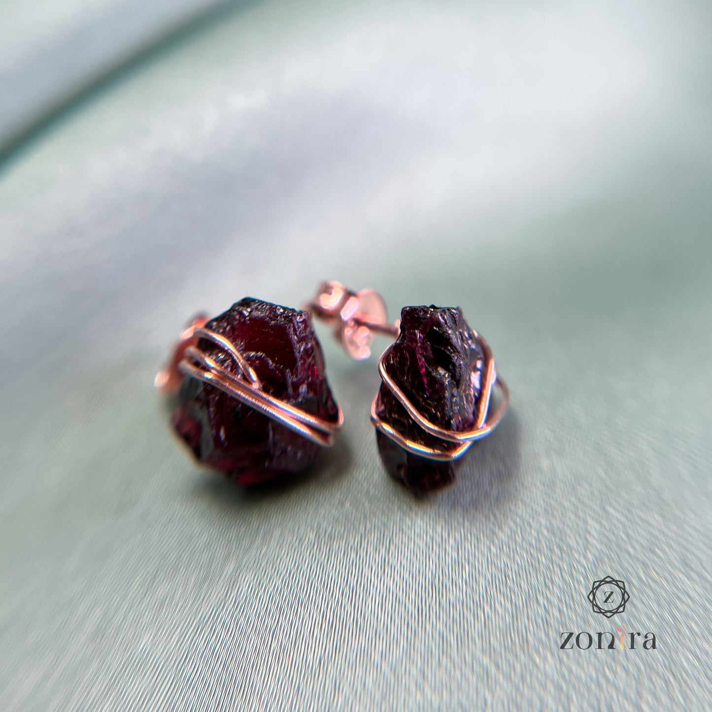 Ashma Silver Studs - Raw Garnet Rose Gold