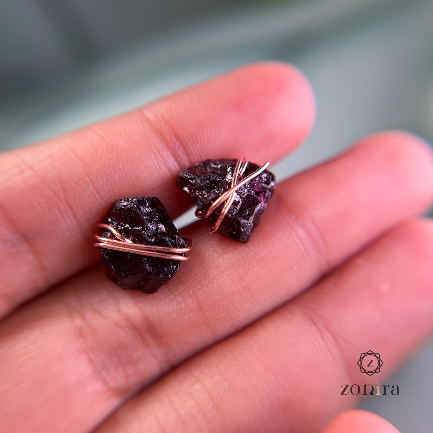 Ashma Silver Studs - Raw Garnet Rose Gold