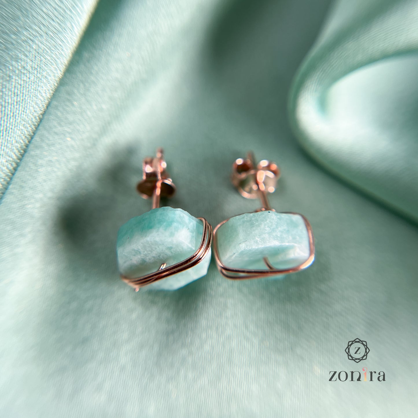 Ashma Silver Studs - Raw Amazonite Rose Gold