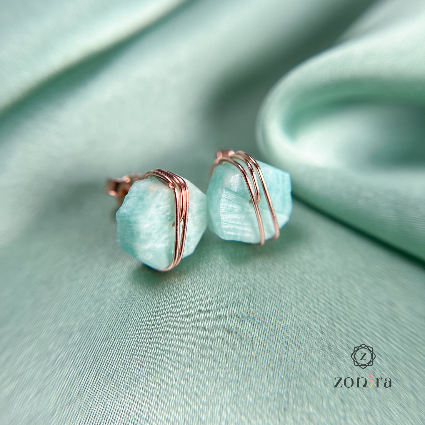 Ashma Silver Studs - Raw Amazonite Rose Gold