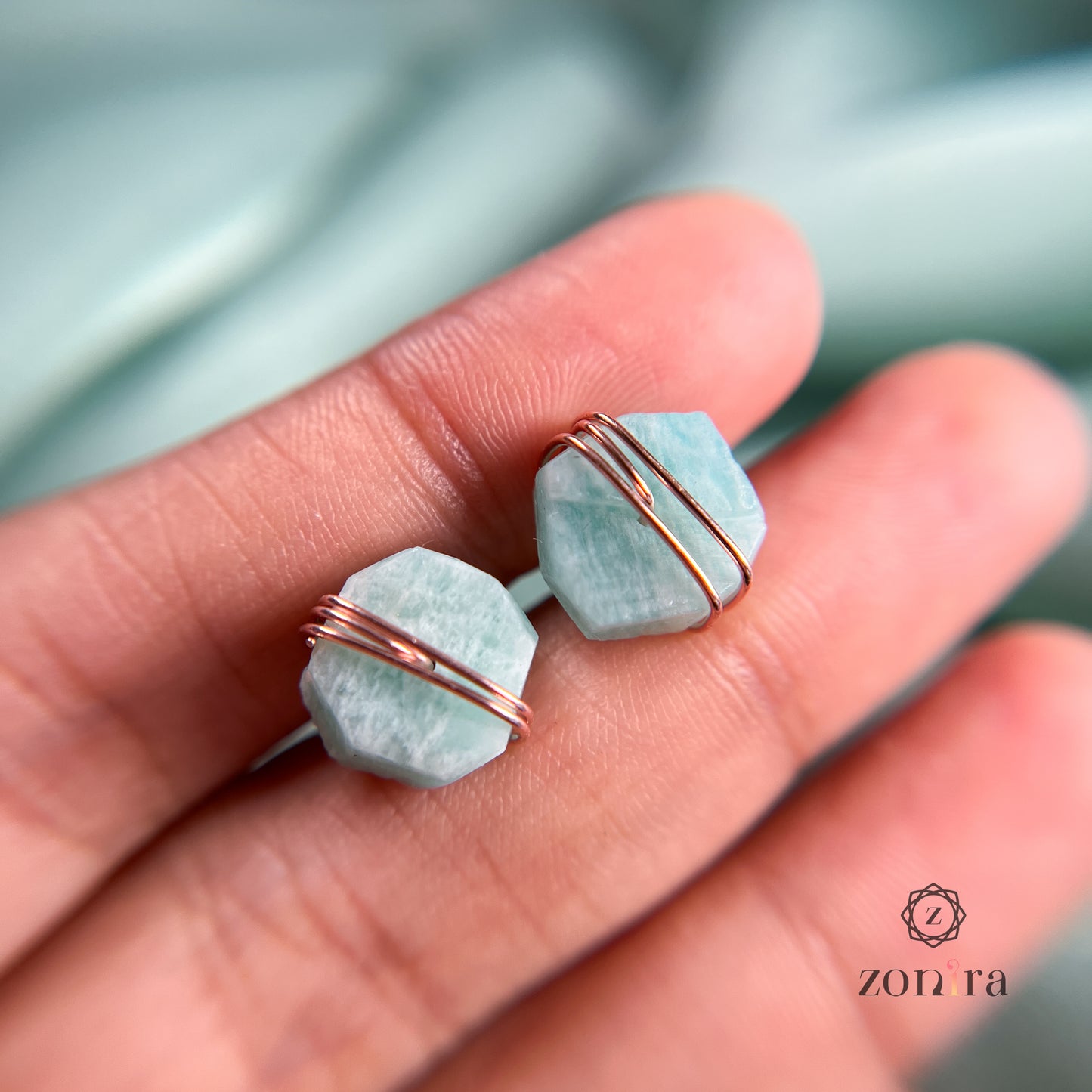 Ashma Silver Studs - Raw Amazonite Rose Gold