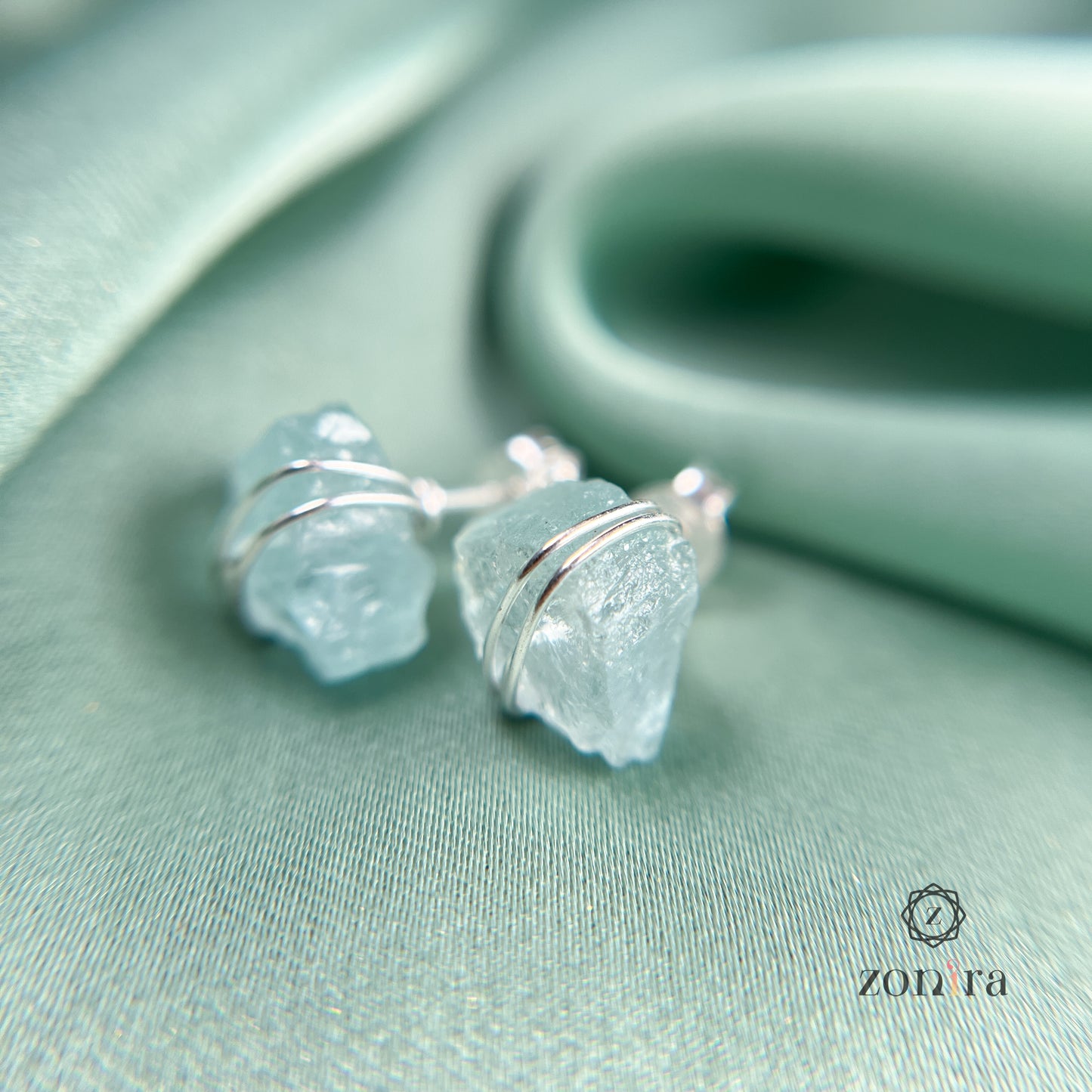 Ashma Silver Studs - Raw Aquamarine