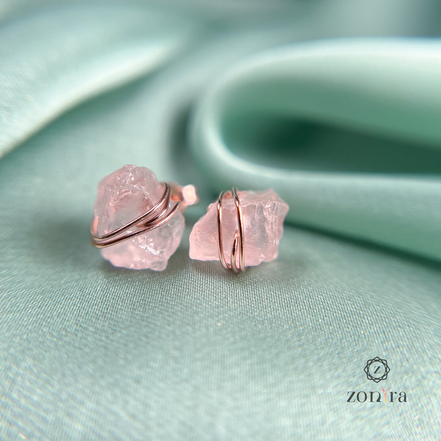 Ashma Silver Studs - Raw Rose Quartz Rose Gold