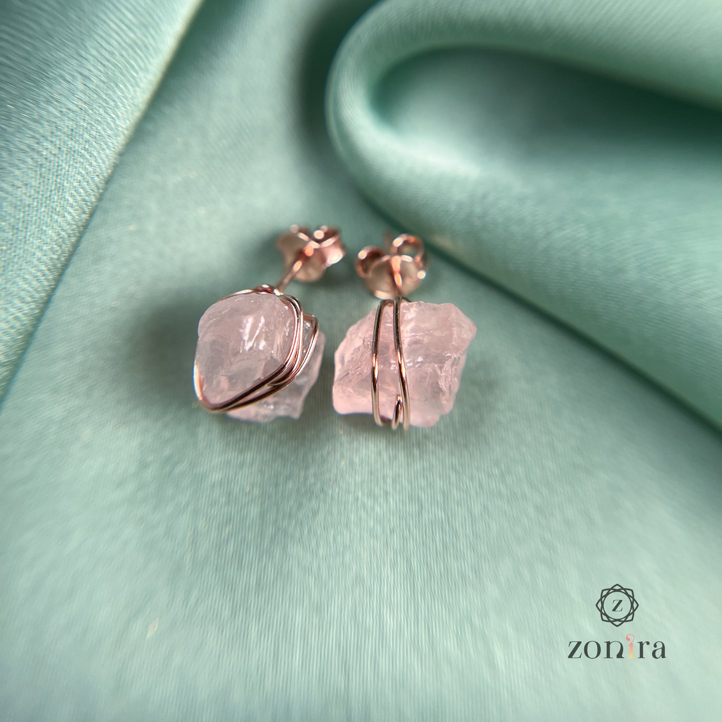 Ashma Silver Studs - Raw Rose Quartz Rose Gold