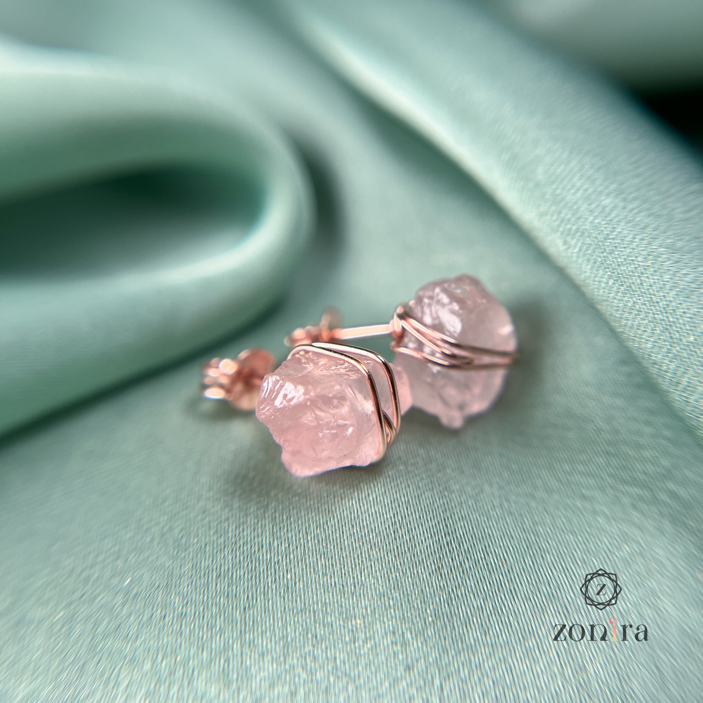 Ashma Silver Studs - Raw Rose Quartz Rose Gold