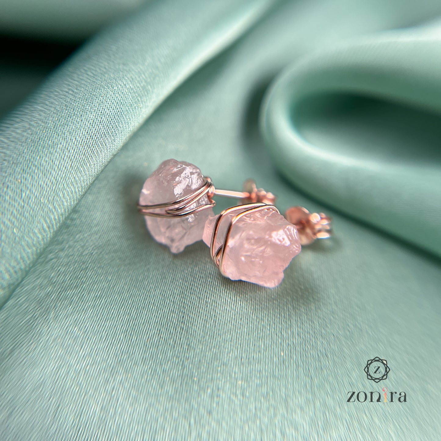 Ashma Silver Studs - Raw Rose Quartz Rose Gold