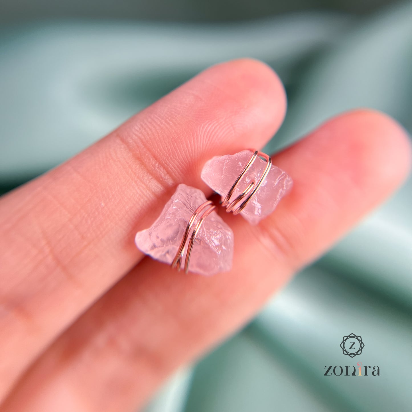 Ashma Silver Studs - Raw Rose Quartz Rose Gold