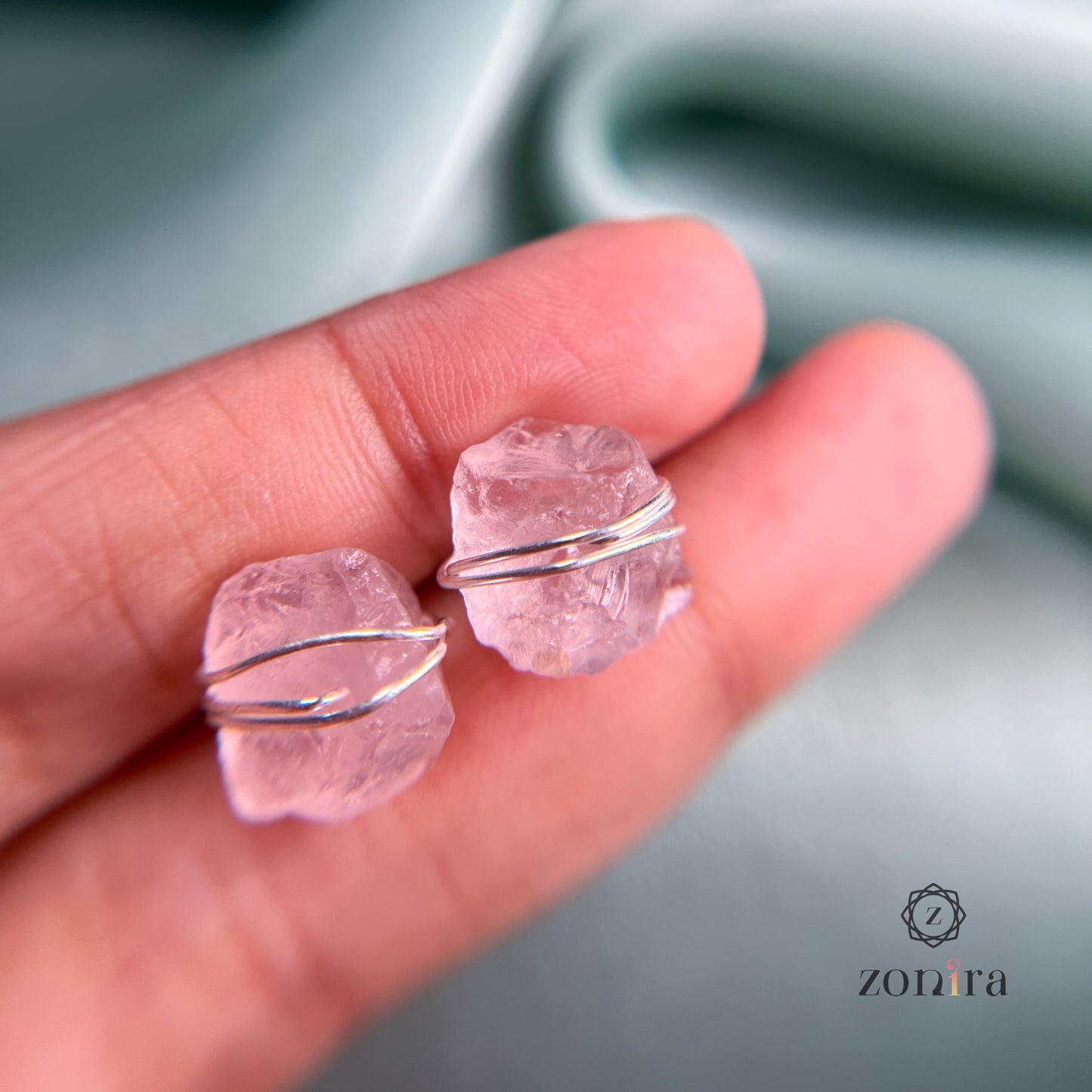 Ashma Silver Studs - Raw Rose Quartz