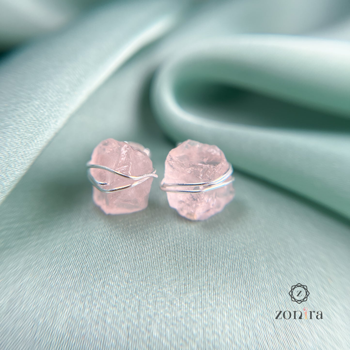 Ashma Silver Studs - Raw Rose Quartz