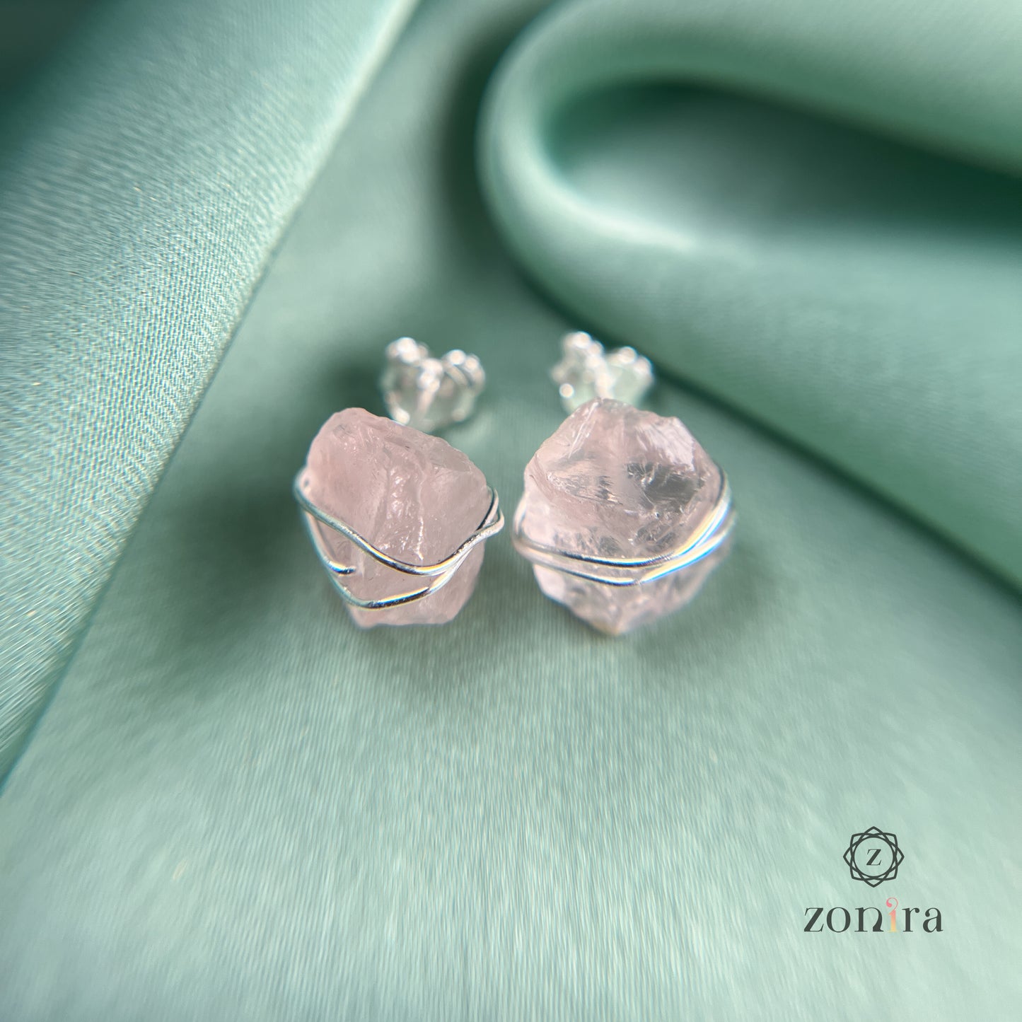 Ashma Silver Studs - Raw Rose Quartz