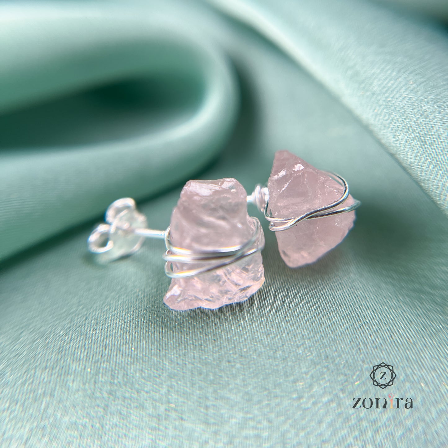 Ashma Silver Studs - Raw Rose Quartz