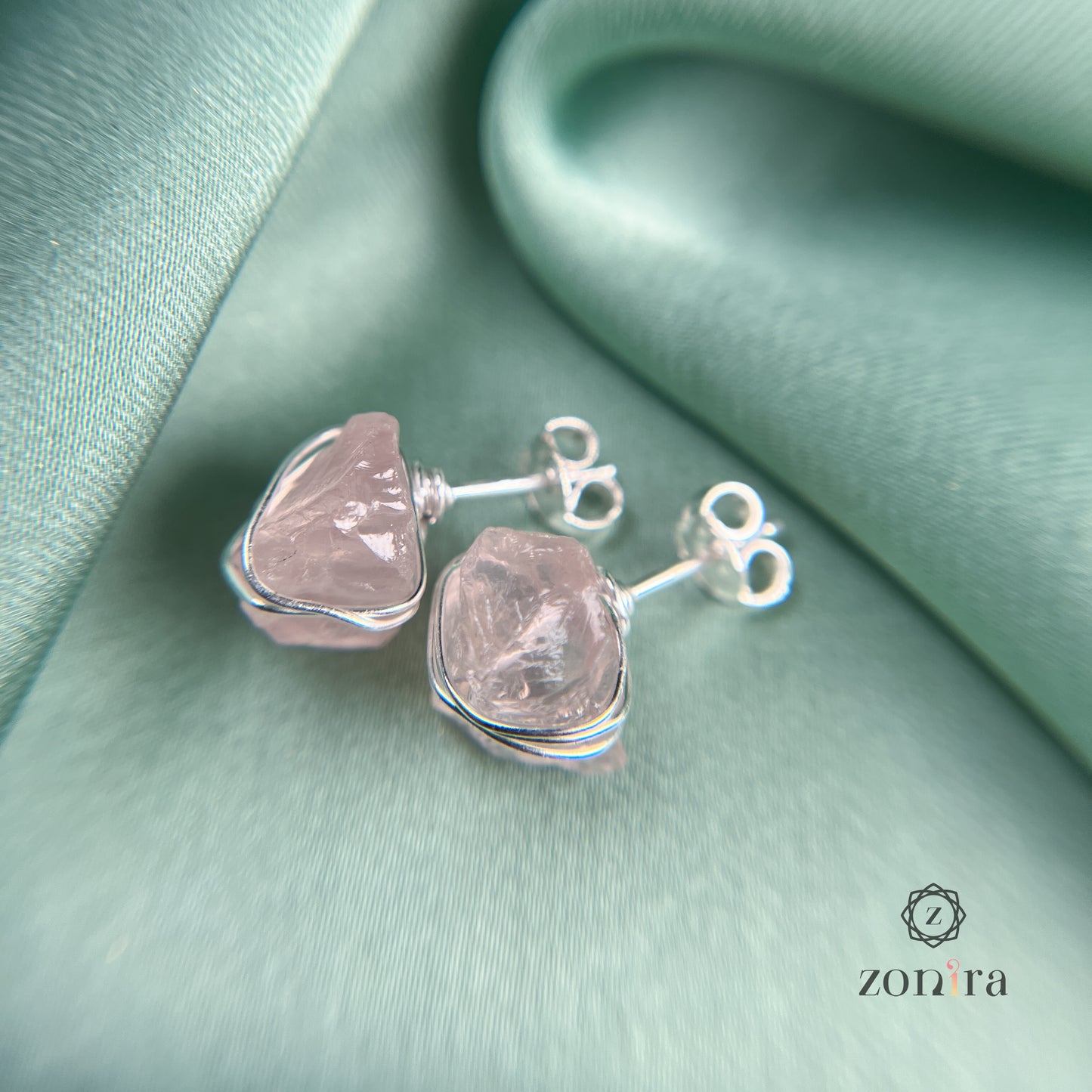 Ashma Silver Studs - Raw Rose Quartz