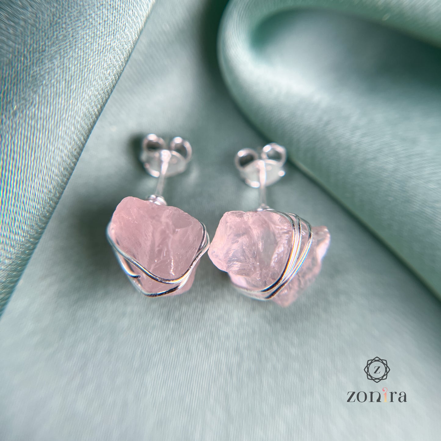 Ashma Silver Studs - Raw Rose Quartz