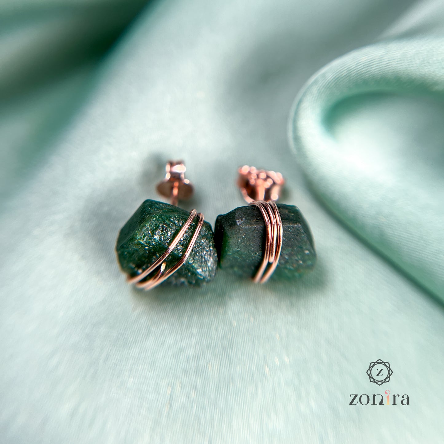 Ashma Silver Studs - Raw Green Aventurine Rose Gold