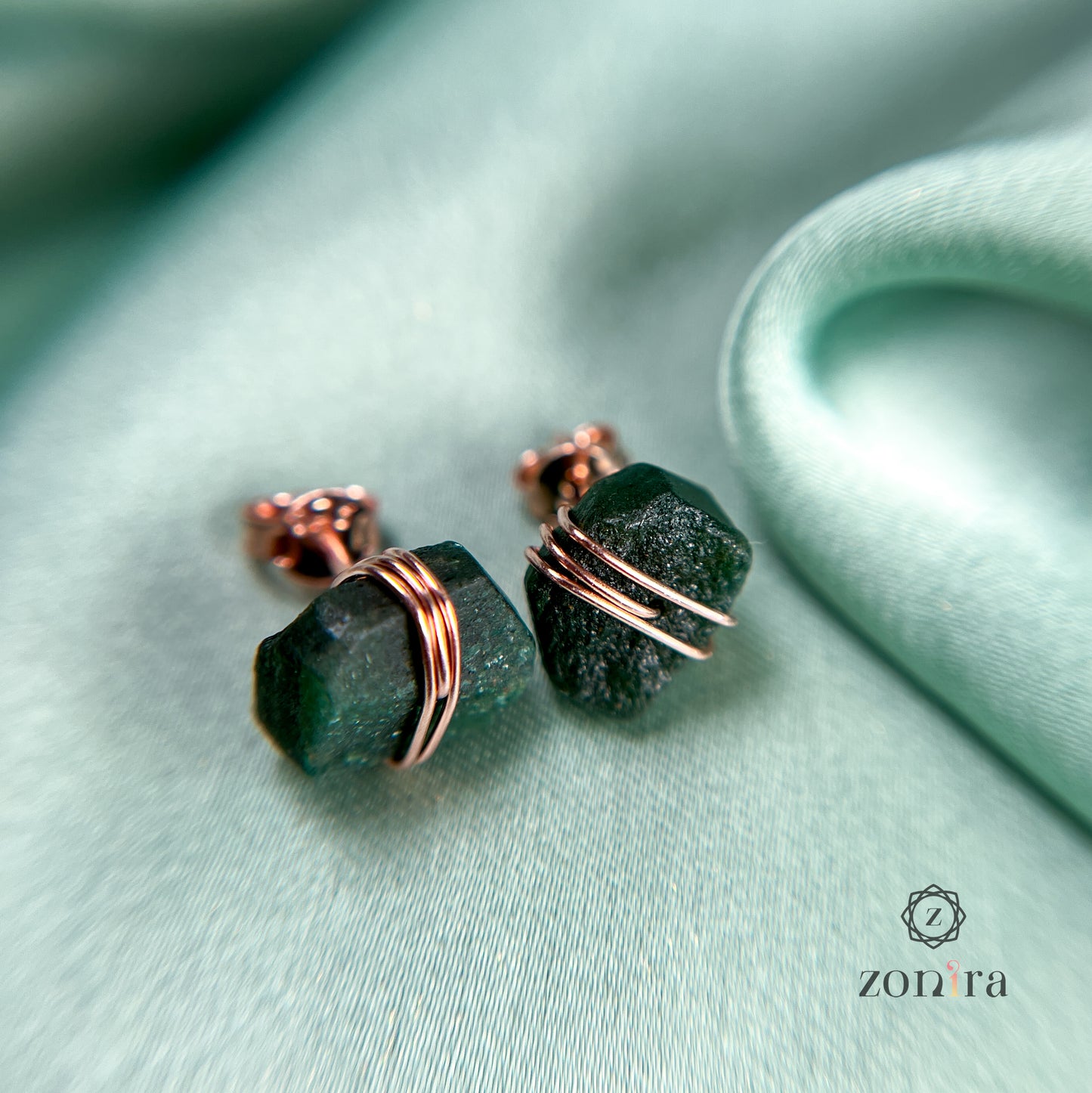 Ashma Silver Studs - Raw Green Aventurine Rose Gold