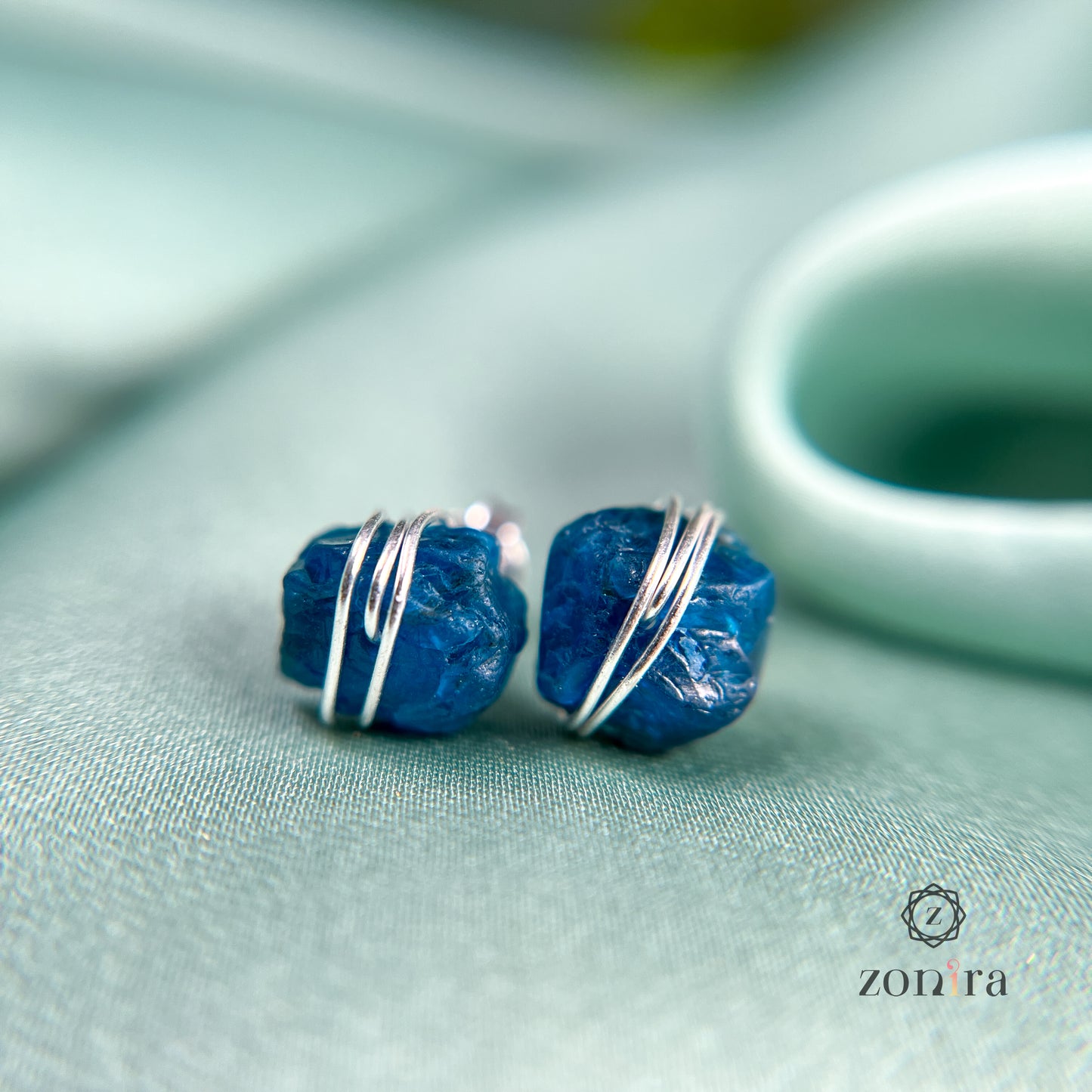 Ashma Silver Studs - Raw Neon Apatite