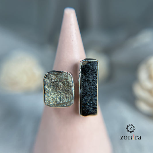 Liba Silver Ring - Raw Black Tourmaline & Pyrite