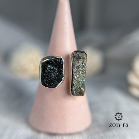 Liba Silver Ring - Raw Black Tourmaline & Pyrite