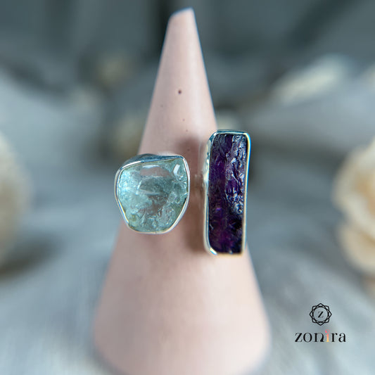 Liba Silver Ring - Raw Amethyst & Aquamarine