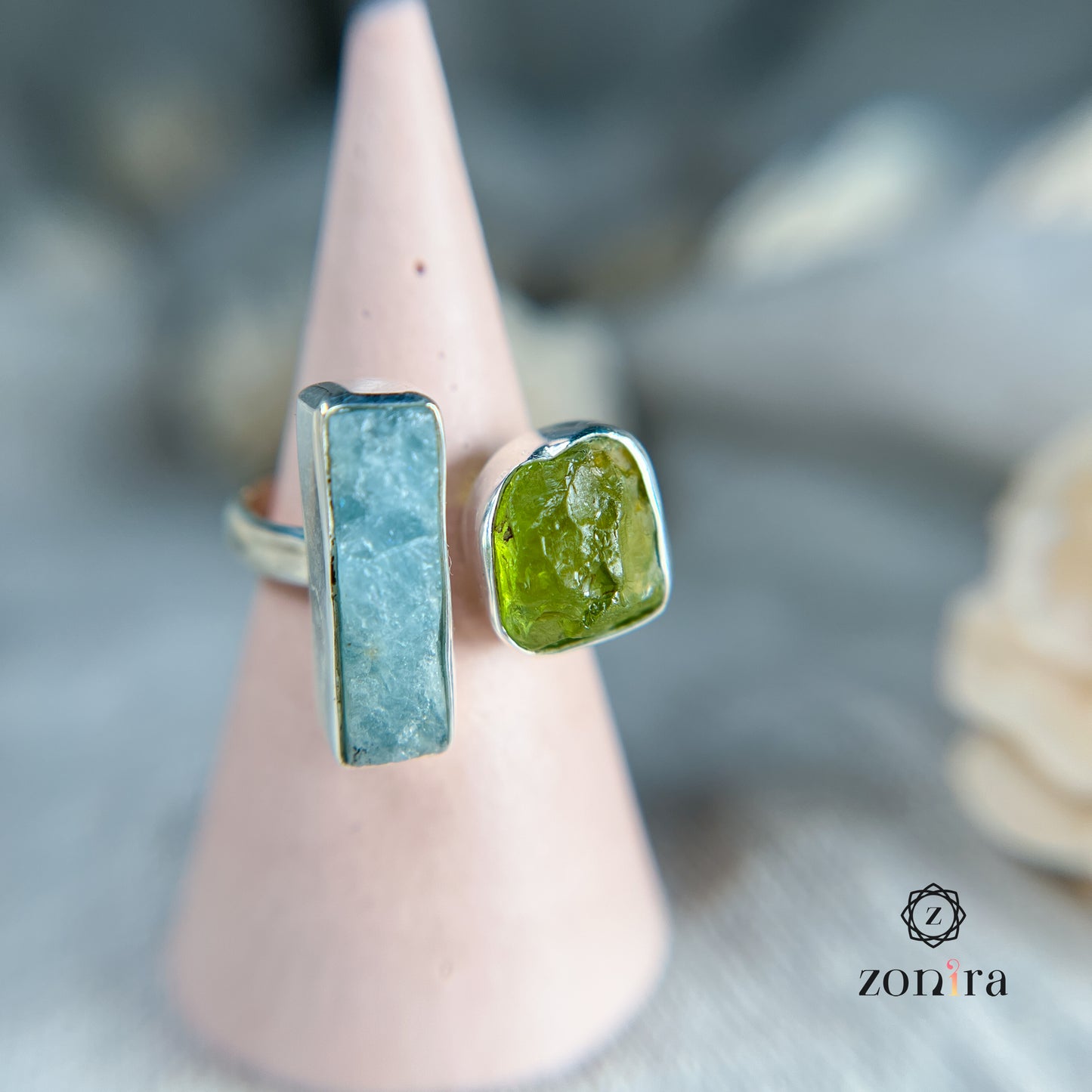 Liba Silver Ring - Raw Aquamarine & Peridot